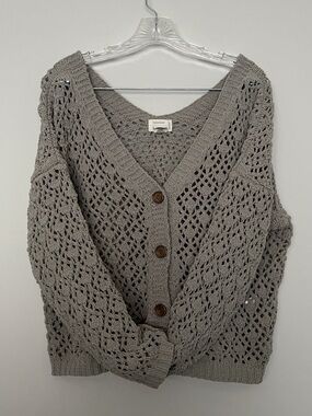 Nicole Miller Atelier Crocheted Open-Knit V-Neck Cardigan Sweater - Gray Size XL